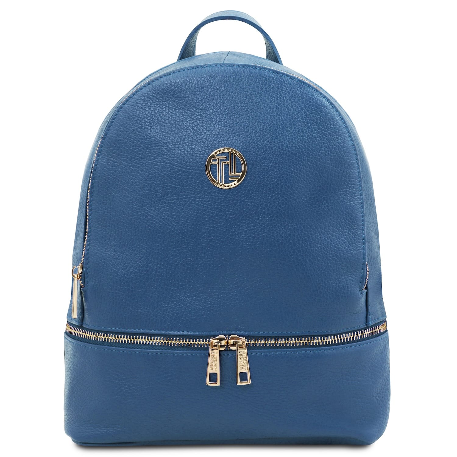 Blue leather backpack with gold zippers top handle and front circular logo