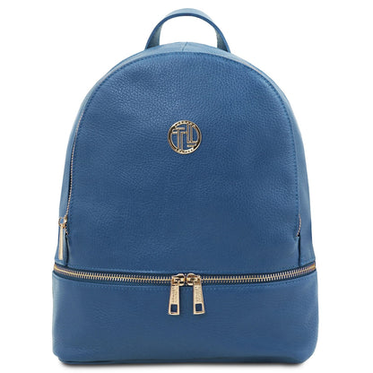 Blue leather backpack with gold zippers top handle and front circular logo