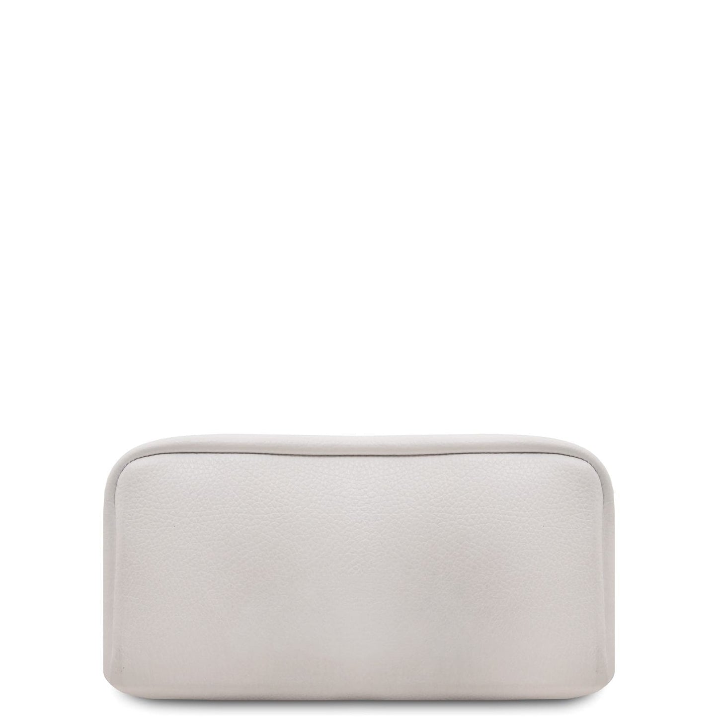 Bottom close-up of white leather backpack with a gold zipper and tan interior lining