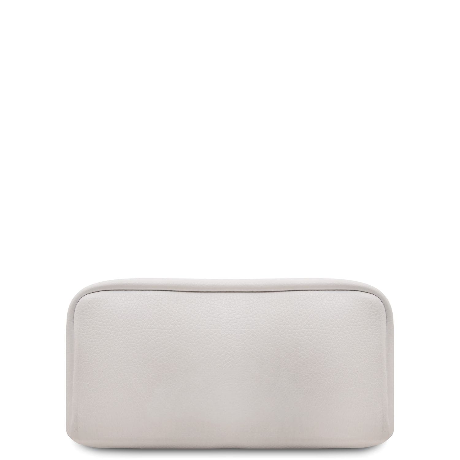 Bottom close-up of white leather backpack with a gold zipper and tan interior lining