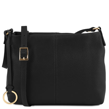 Black soft leather shoulder bag with gold buckle strap and circular ring charm.