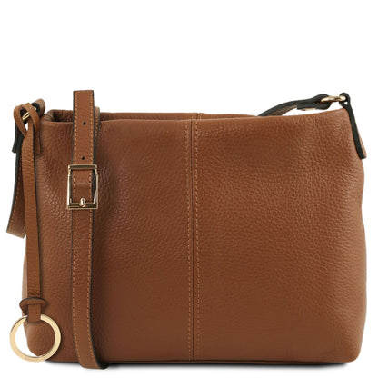 Tan TL Bag soft leather shoulder bag with an adjustable strap and gold buckle