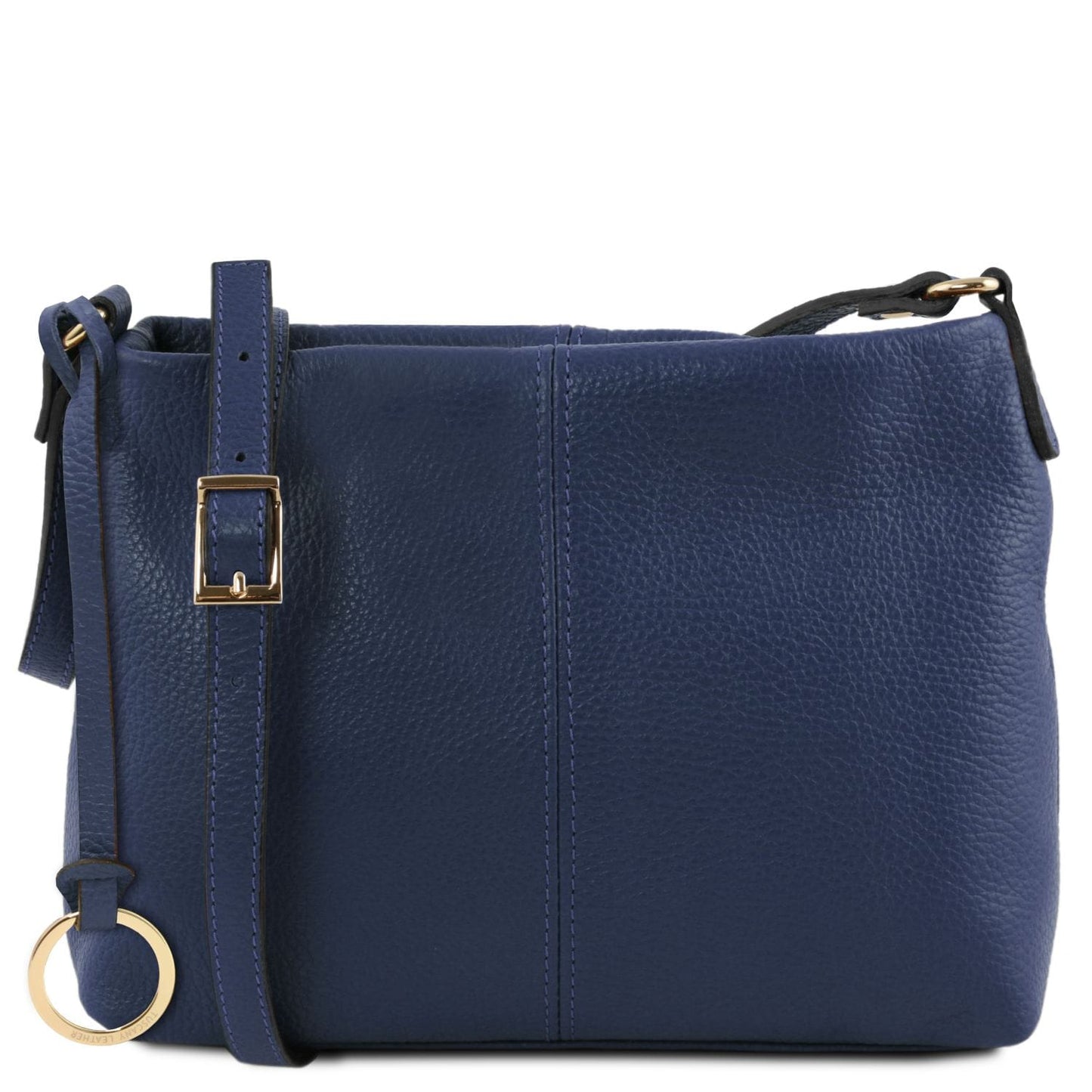 Blue TL Bag soft leather shoulder bag with an adjustable strap and gold buckle