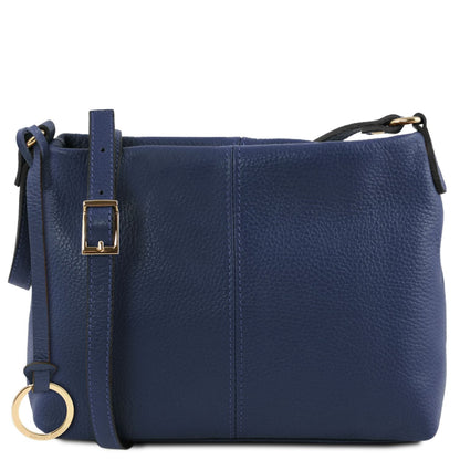 Blue TL Bag soft leather shoulder bag with an adjustable strap and gold buckle