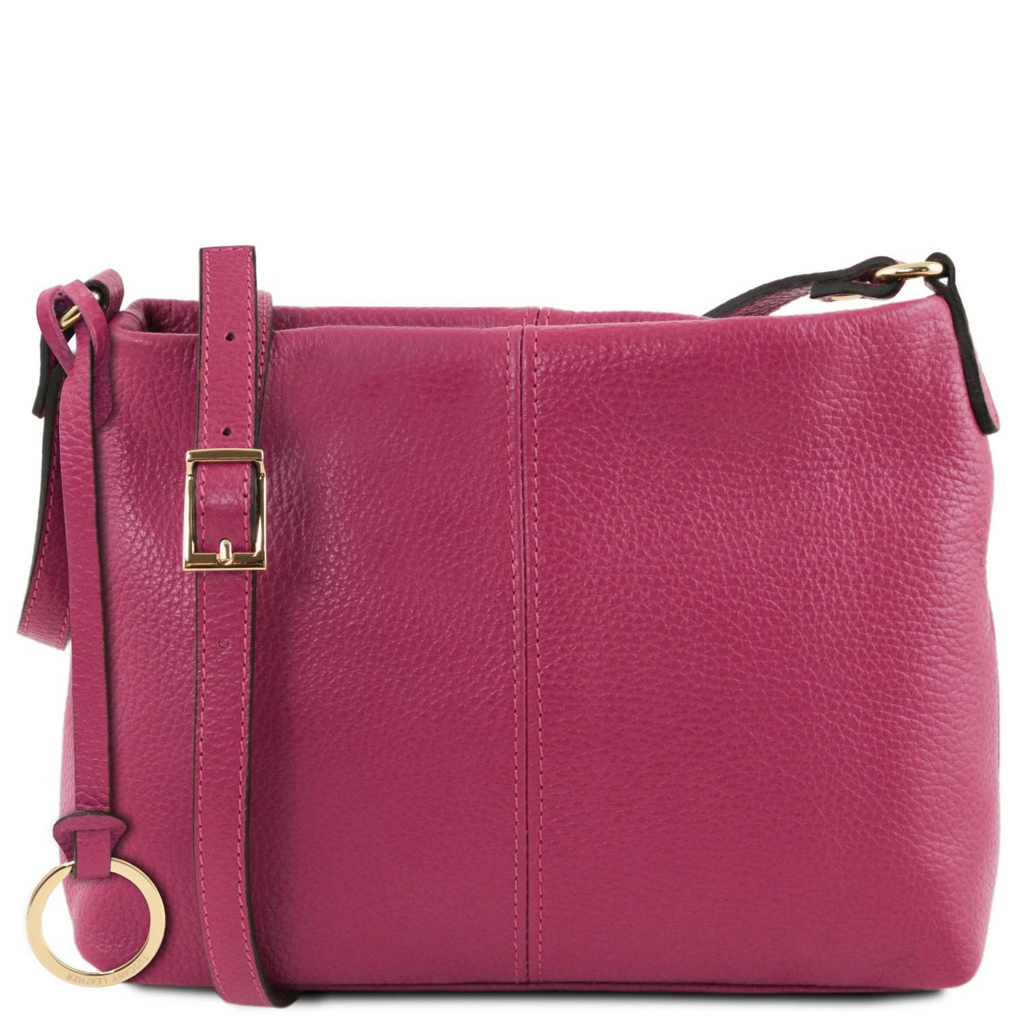 Magenta soft leather shoulder bag with adjustable strap and gold buckle, featuring circular ring detail.