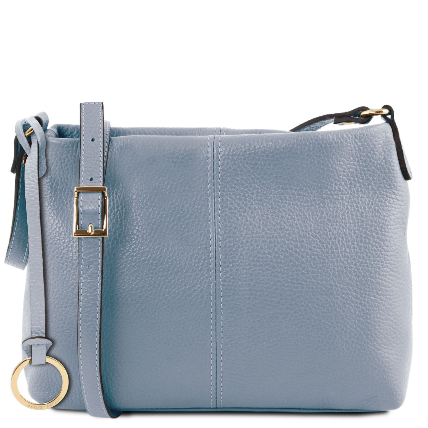 TL Bag soft light blue leather shoulder bag with adjustable strap and gold buckle.