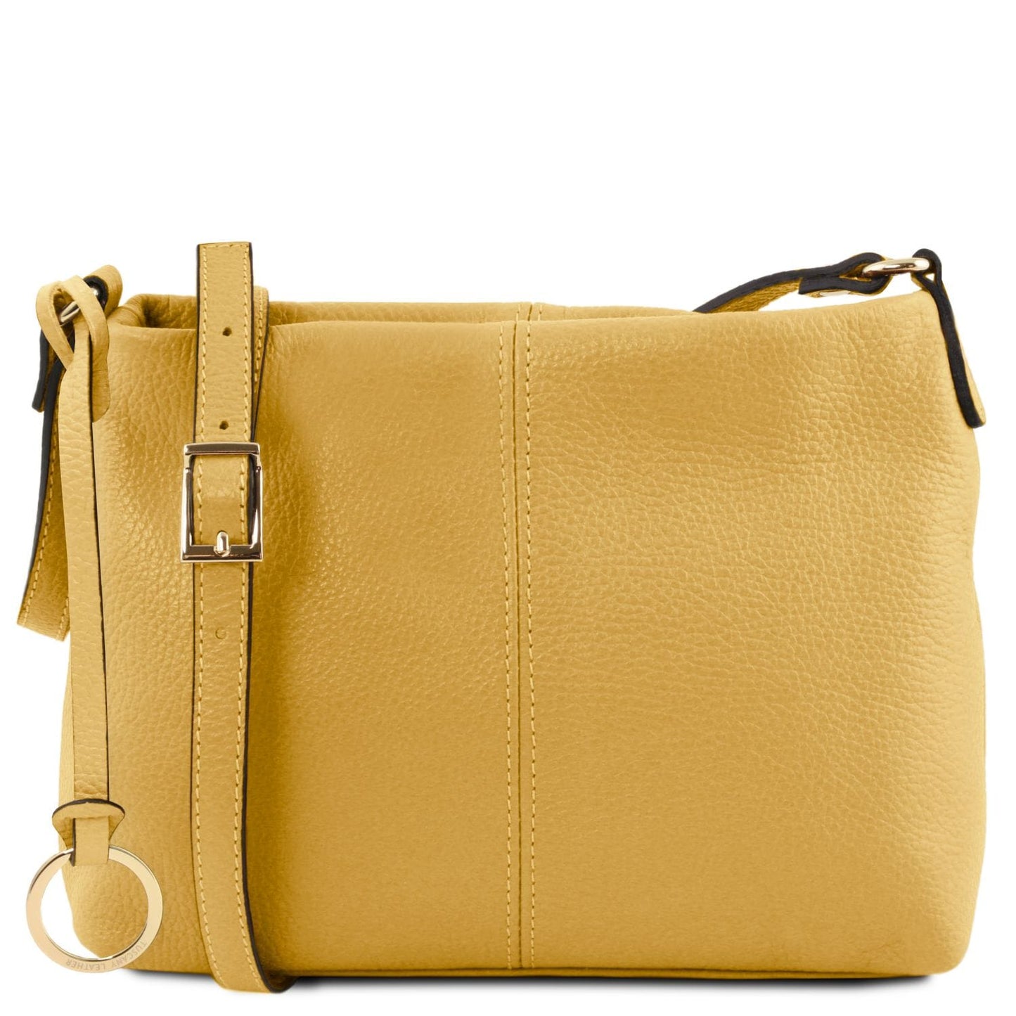 Mustard yellow soft leather shoulder bag with adjustable strap and gold buckle and circular ring charm.