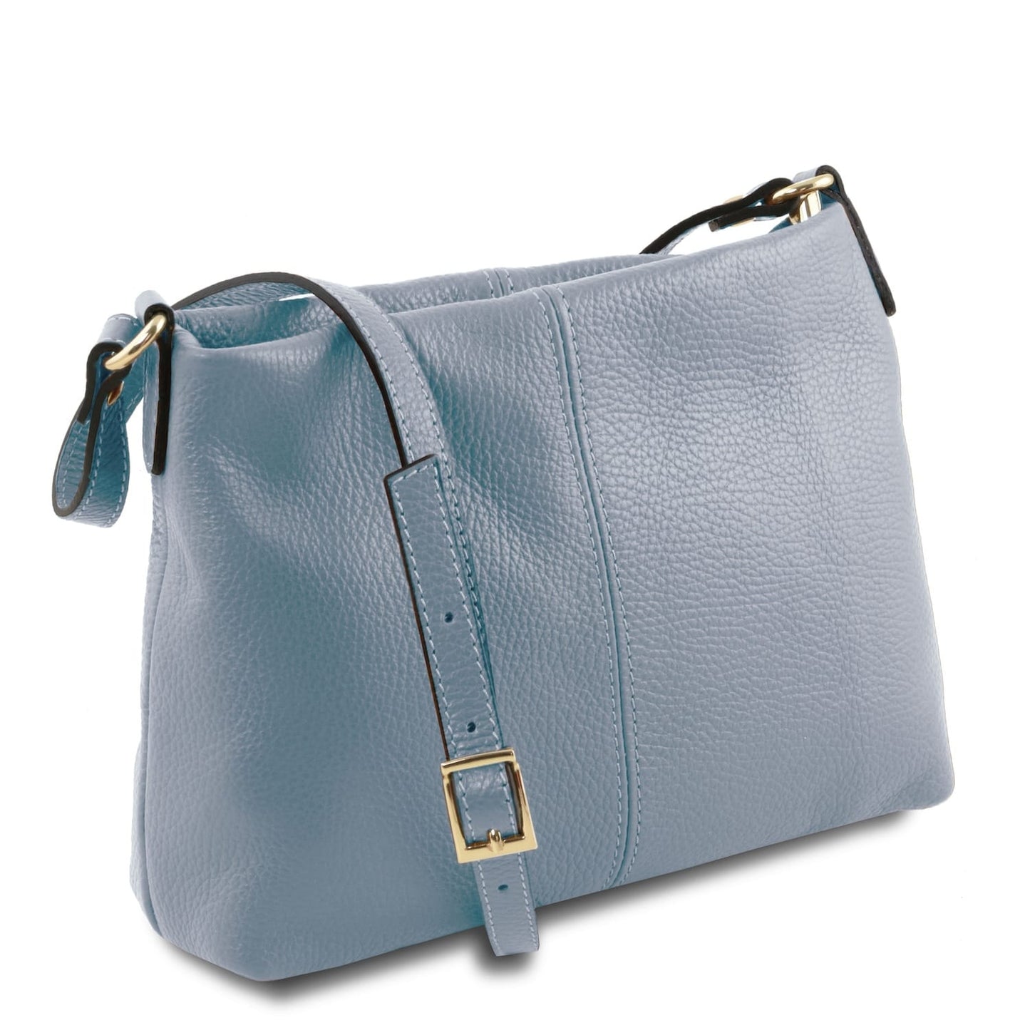 Soft blue full-grain leather shoulder bag with adjustable strap and gold-tone buckle hardware, made in Italy.