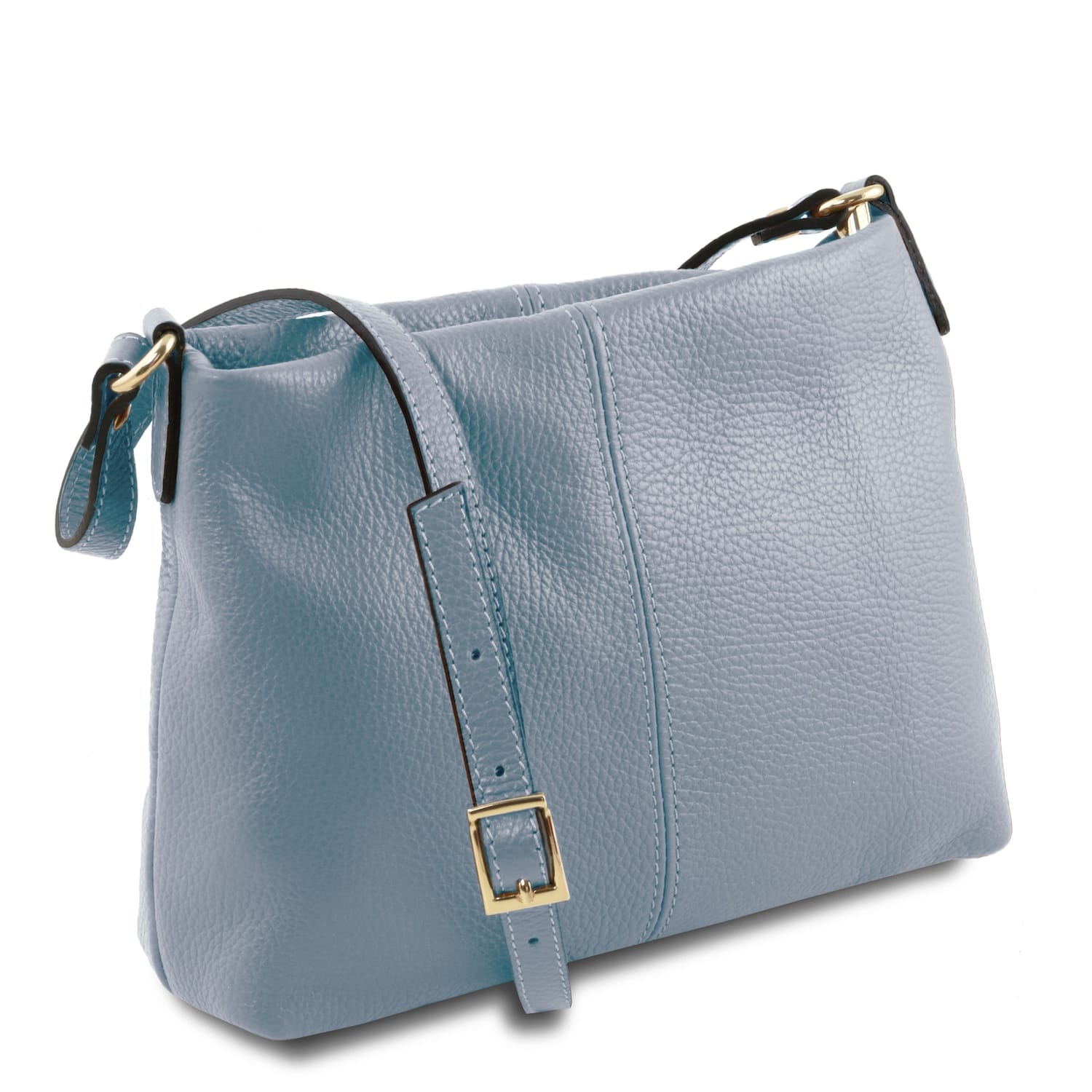 Soft blue full-grain leather shoulder bag with adjustable strap and gold-tone buckle hardware, made in Italy.