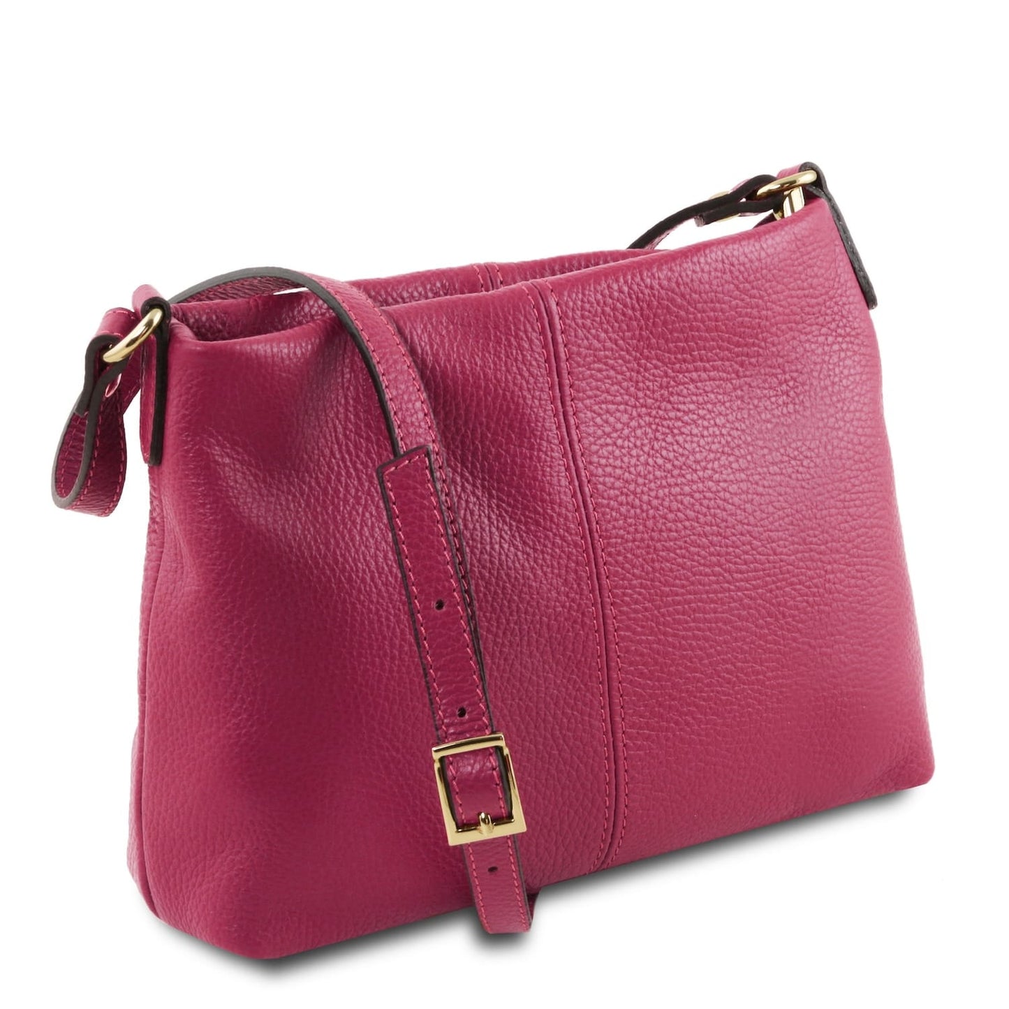 Soft pebbled leather shoulder bag in vibrant pink with adjustable strap and gold-tone buckle hardware details.