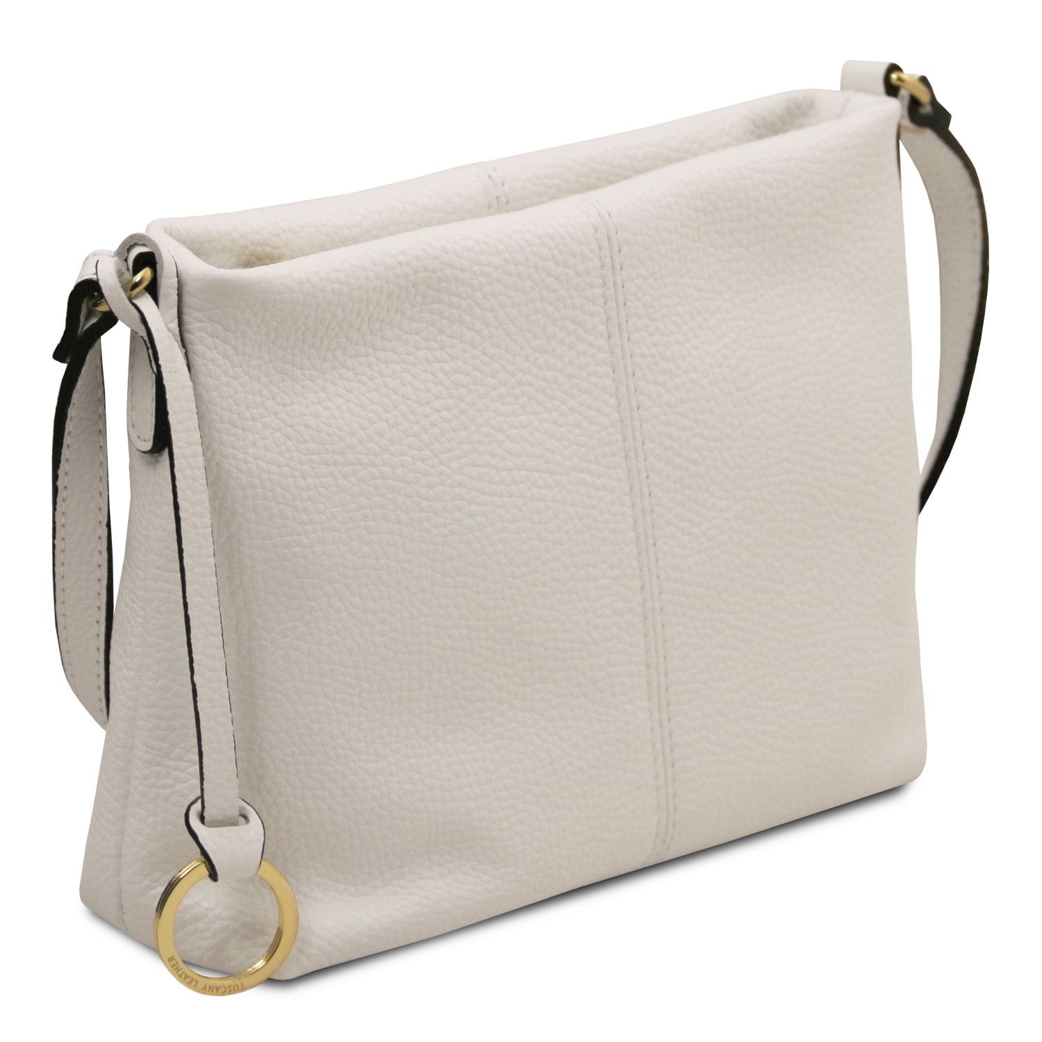 Soft white pebbled leather shoulder bag with adjustable strap and subtle gold ring hardware accents.