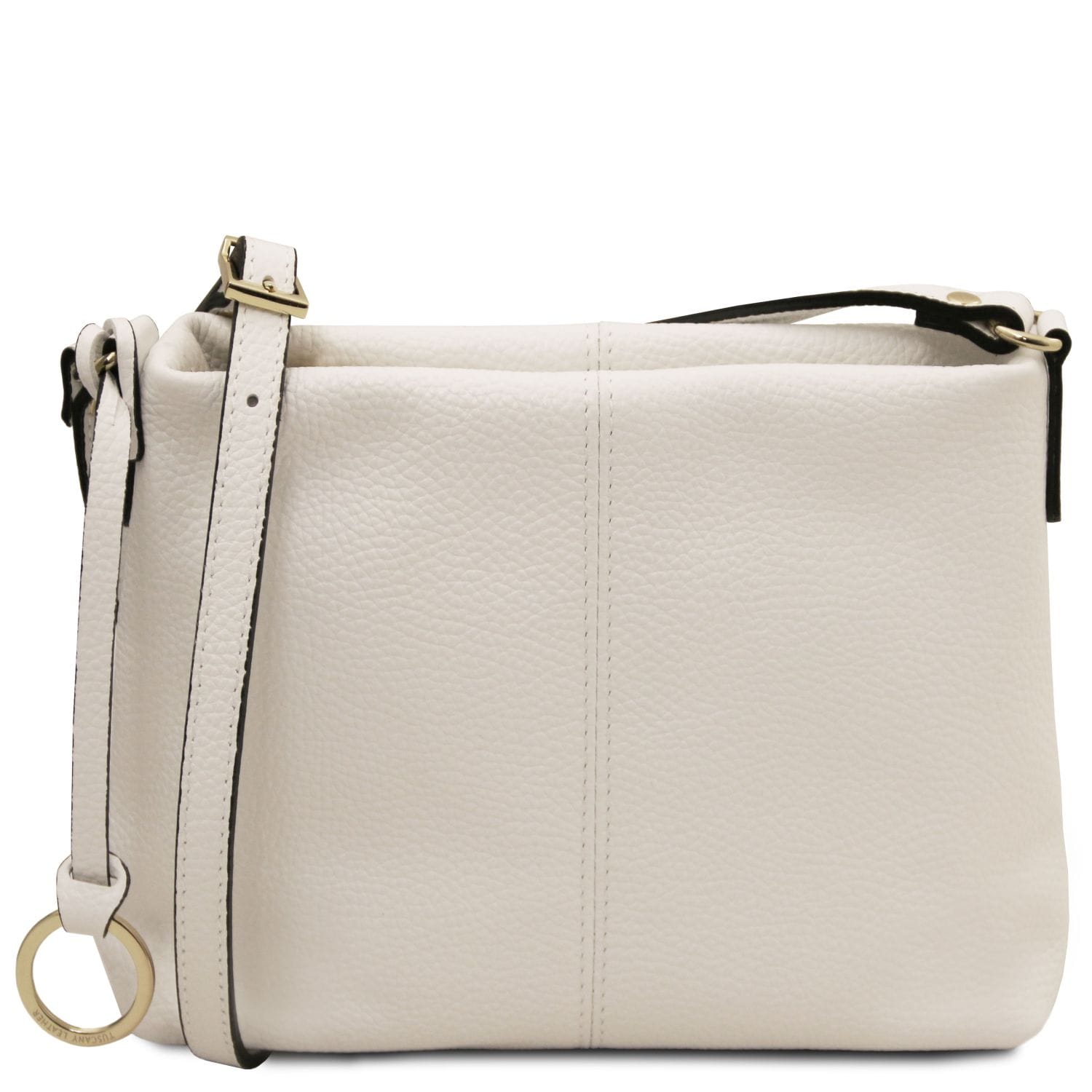 Cream-colored soft leather shoulder bag with adjustable strap and gold-tone ring detail on the side.