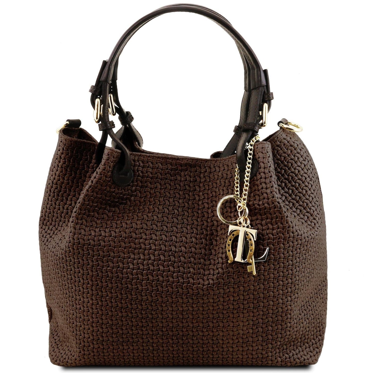 TL KeyLuck - Woven printed leather shopping bag | TL141573 in dark brown with woven texture, double handles, and gold-tone charm on white background