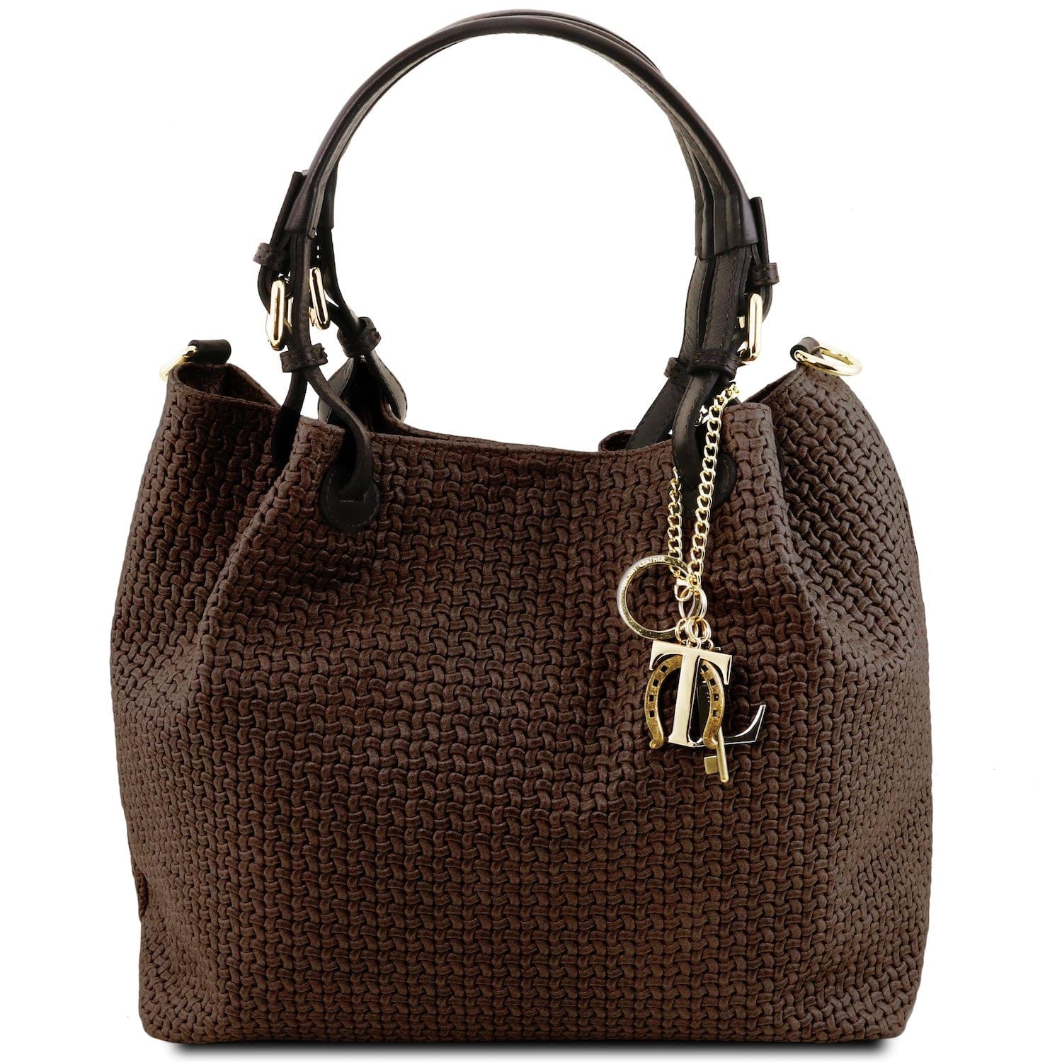 TL KeyLuck - Woven printed leather shopping bag | TL141573 in dark brown with woven texture, double handles, and gold-tone charm on white background