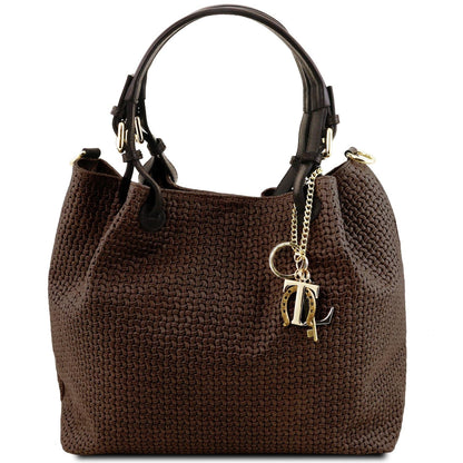 TL KeyLuck - Woven printed leather shopping bag | TL141573 in dark brown with woven texture, double handles, and gold-tone charm on white background