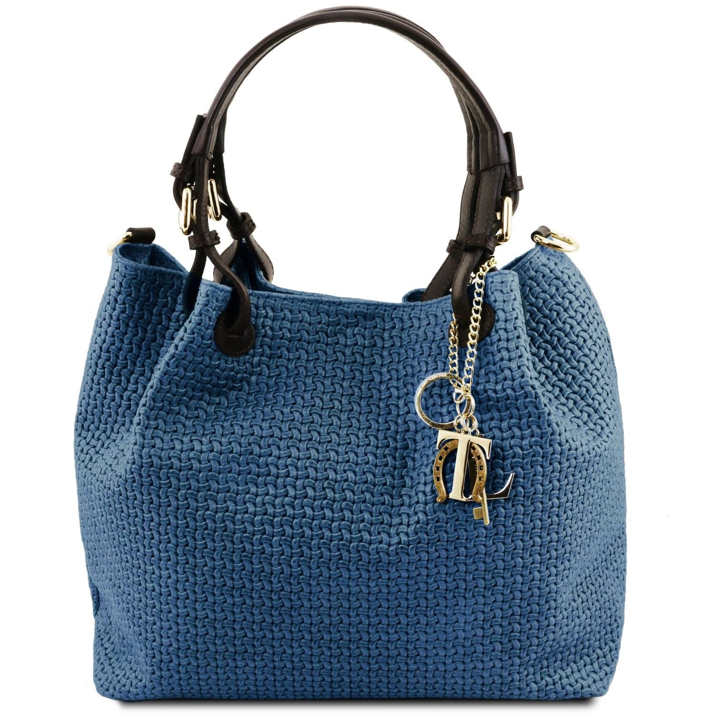 Blue woven leather handbag with dark handles and a gold charm hanging from the zipper