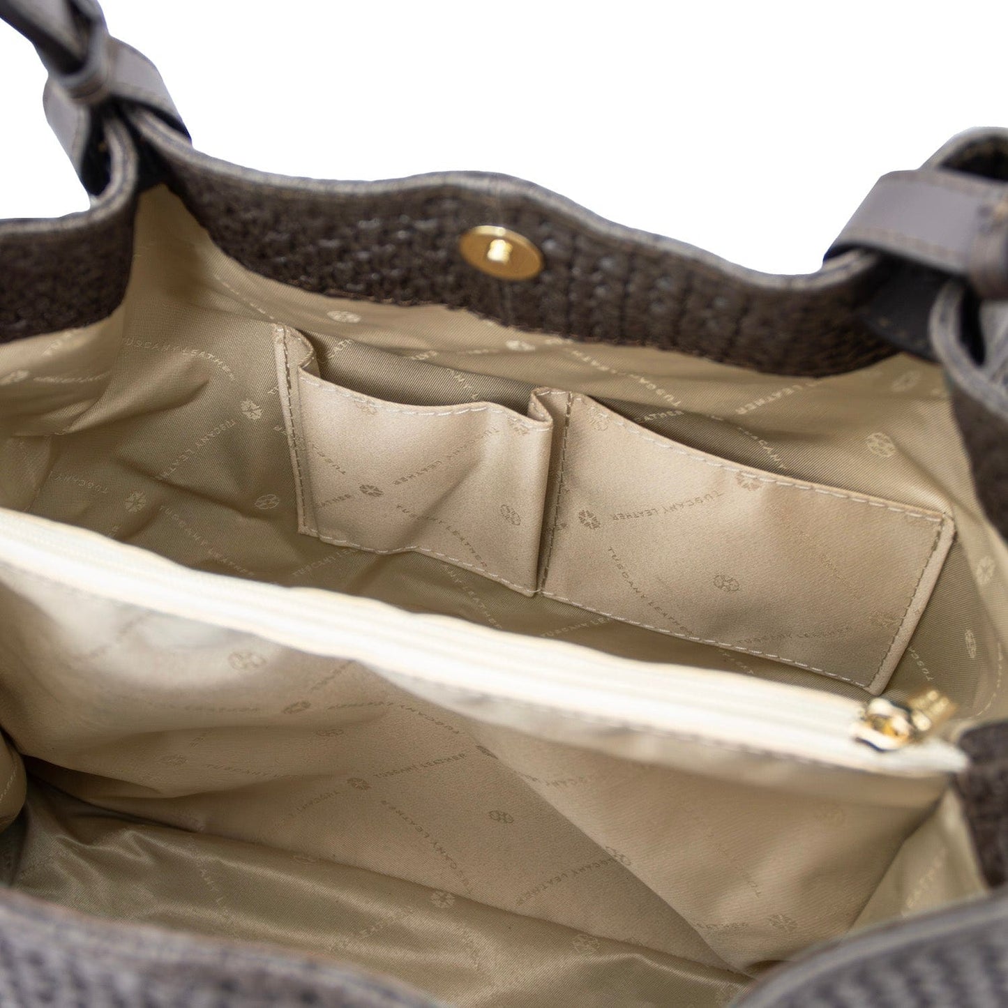 TL KeyLuck - Woven printed leather shopping bag | TL141573 in dark brown with pebbled texture and beige fabric interior lining shown open on white background