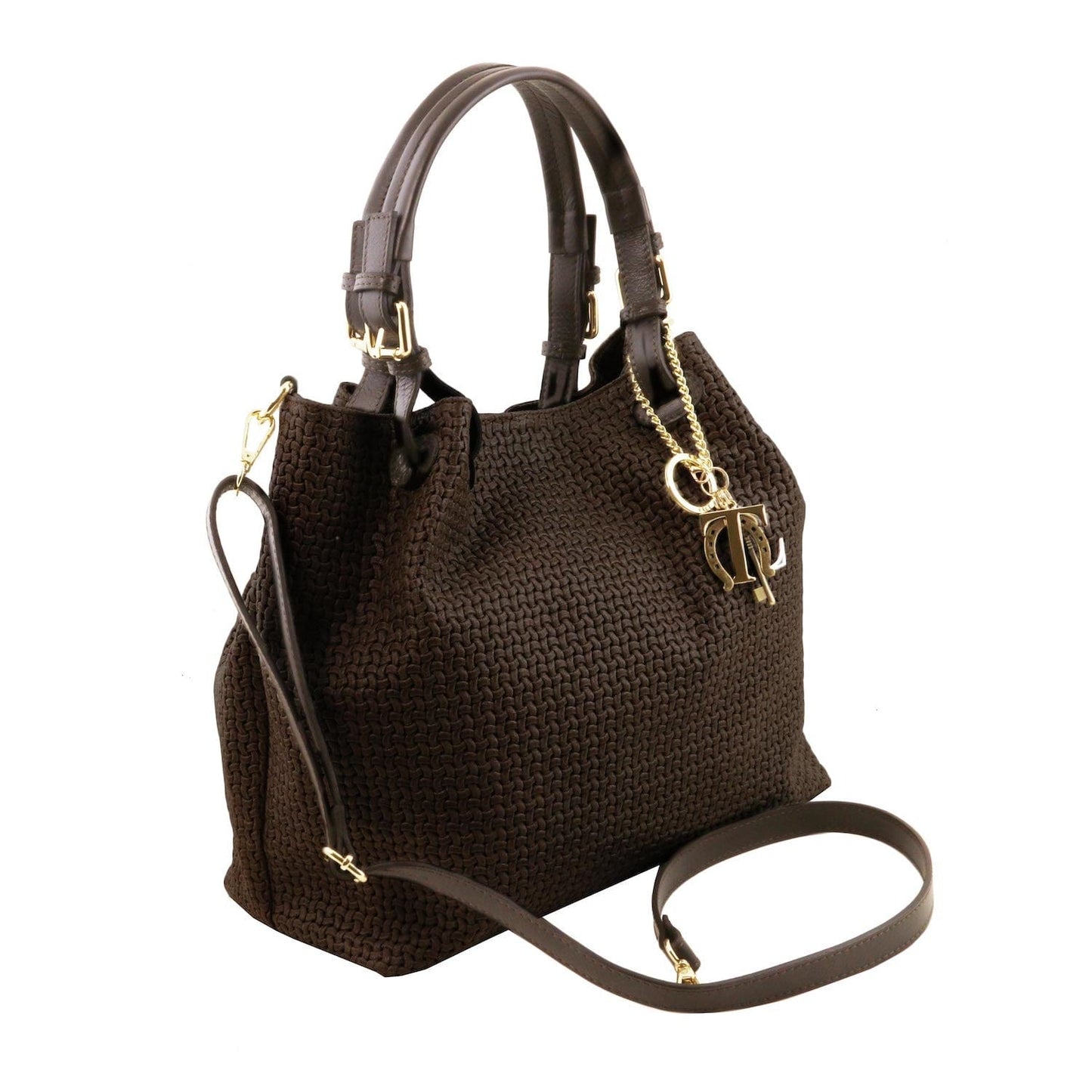 TL KeyLuck - Woven printed leather shopping bag | TL141573 in dark brown with woven texture, dual top handles, detachable shoulder strap, and gold hardware on white background
