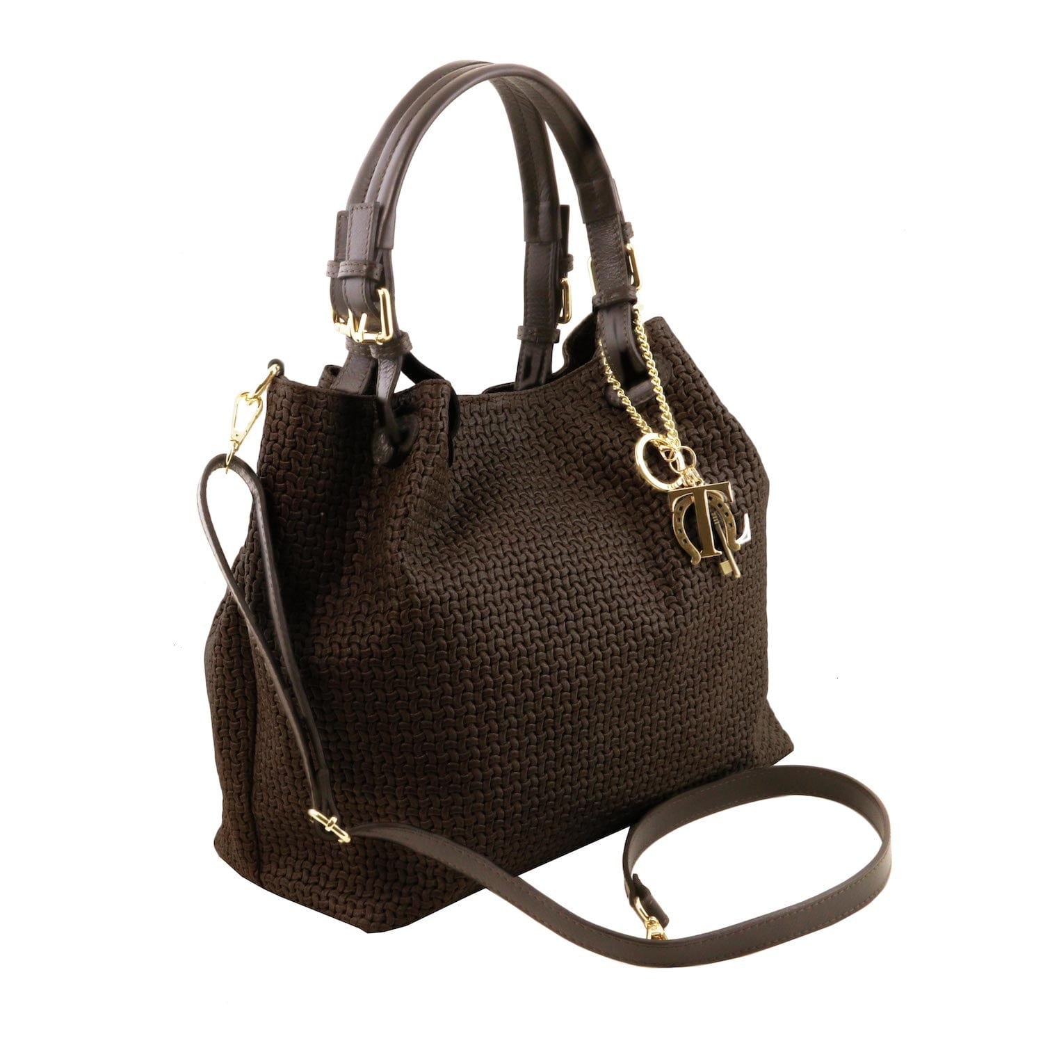 TL KeyLuck - Woven printed leather shopping bag | TL141573 in dark brown with woven texture, dual top handles, detachable shoulder strap, and gold hardware on white background
