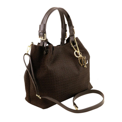 TL KeyLuck - Woven printed leather shopping bag | TL141573 in dark brown with woven texture, dual top handles, detachable shoulder strap, and gold hardware on white background