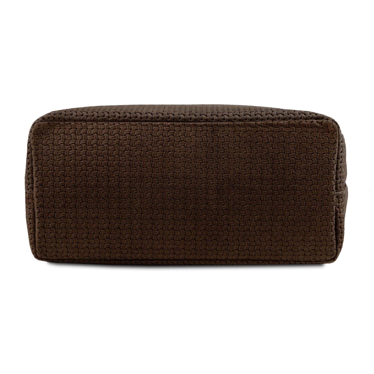 TL KeyLuck - Woven printed leather shopping bag | TL141573 in dark brown with textured woven leather base on white background.
