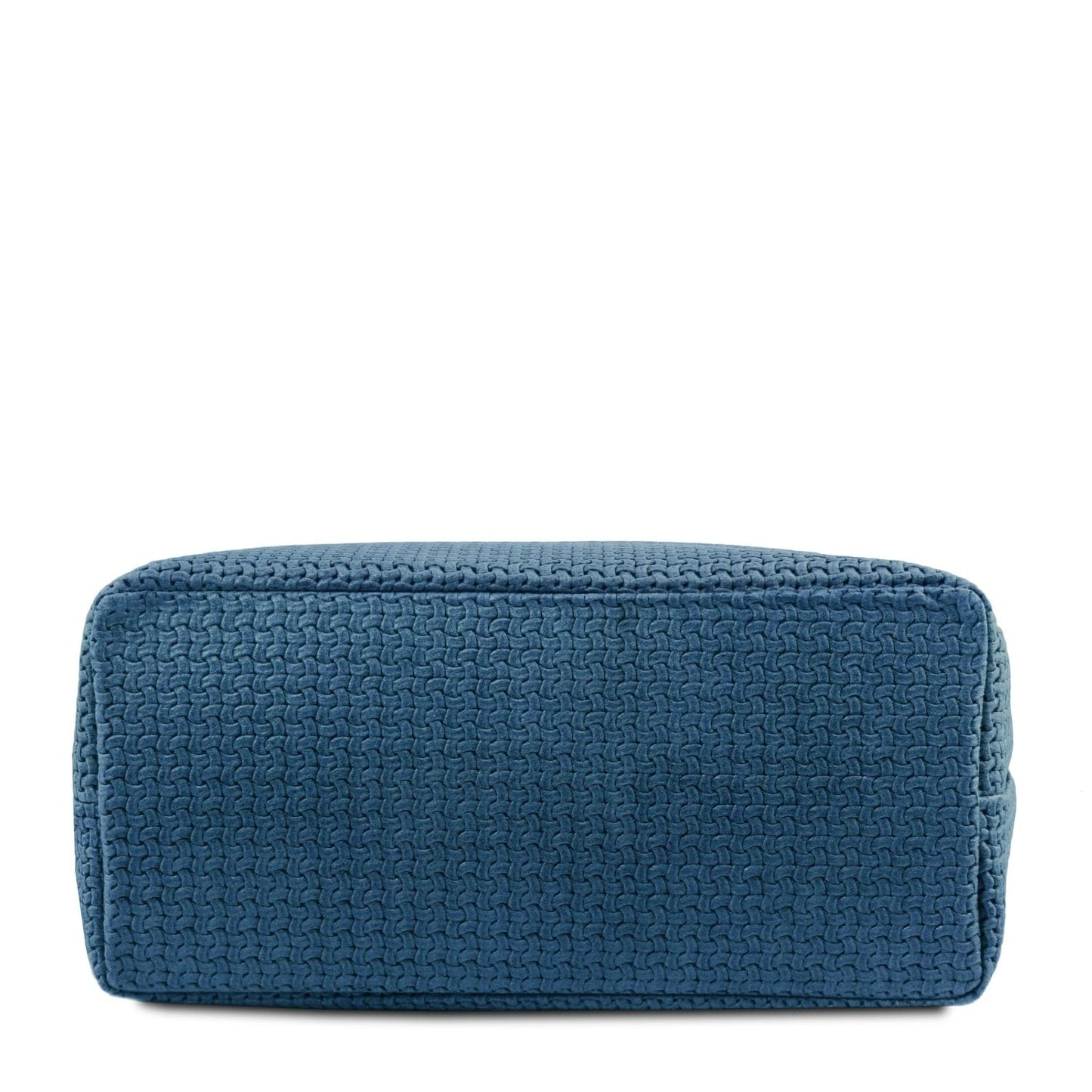 Bottom view of TL KeyLuck woven leather shopping bag in blue showcasing textured weave