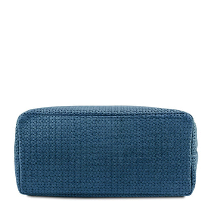 Bottom view of TL KeyLuck woven leather shopping bag in blue showcasing textured weave