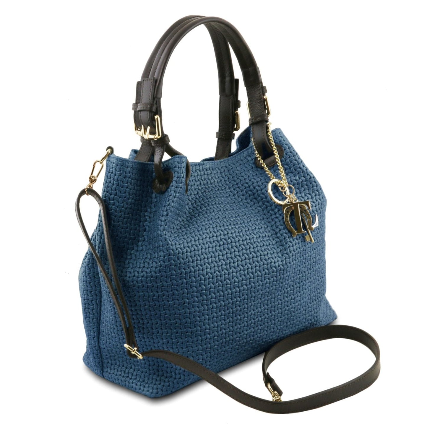 TL KeyLuck blue woven printed leather shopping bag with black double handles and gold hardware