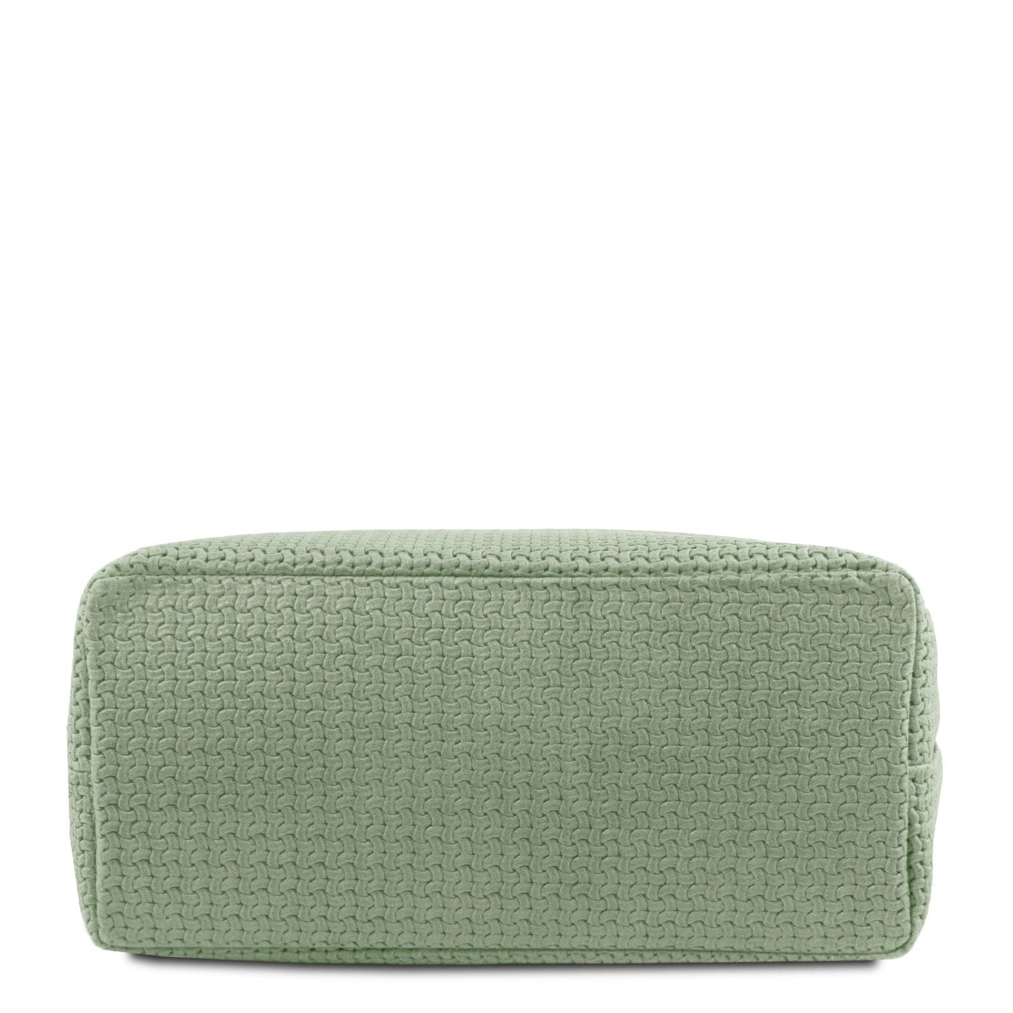 Bottom view of a mint green woven leather handbag