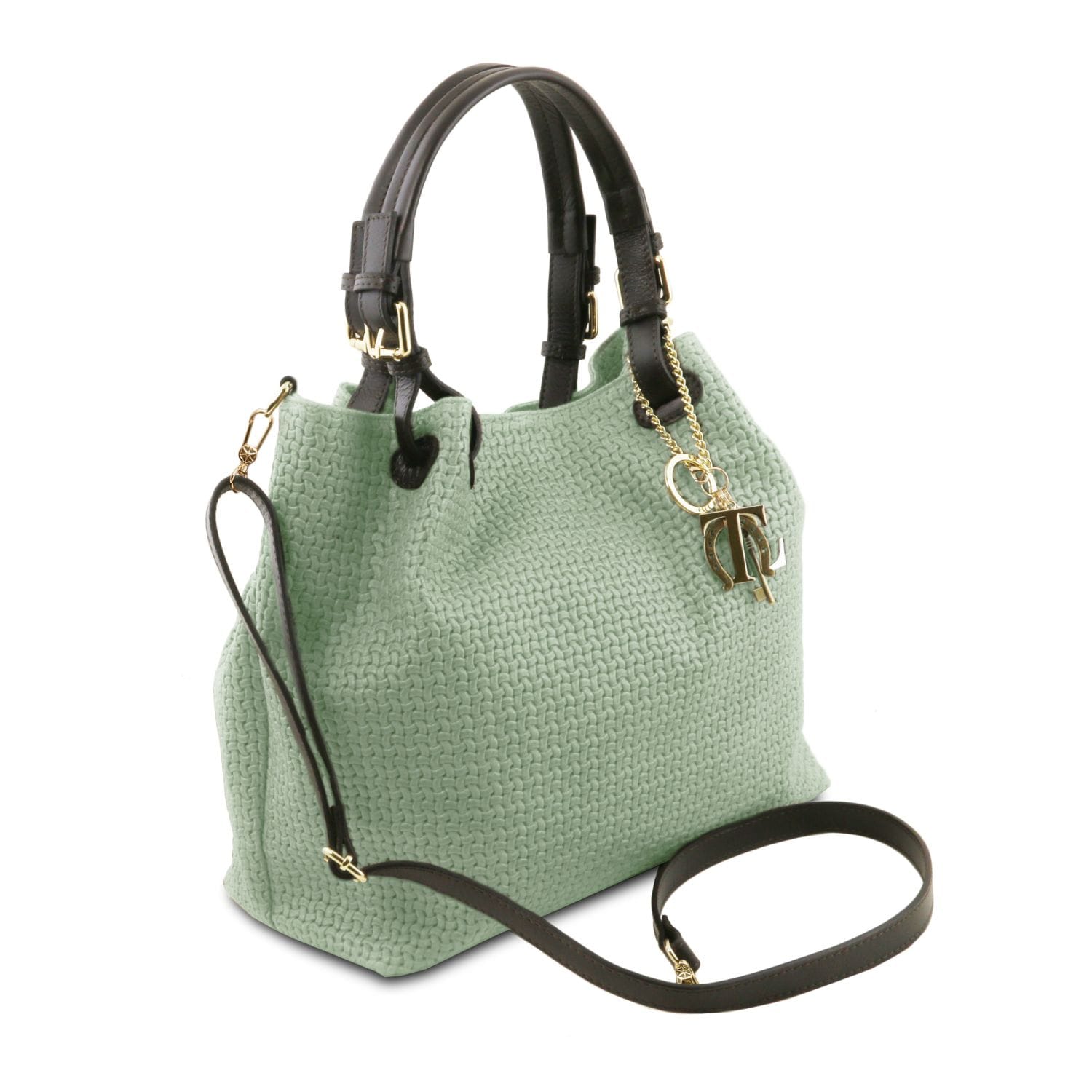 Mint green woven leather handbag with black top handles and detachable shoulder strap