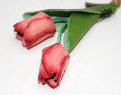 Tulip Bag Charm - Handmade Full-Grain Leather featuring detailed pink leather tulip petals and green leather leaves with attachment loop.
