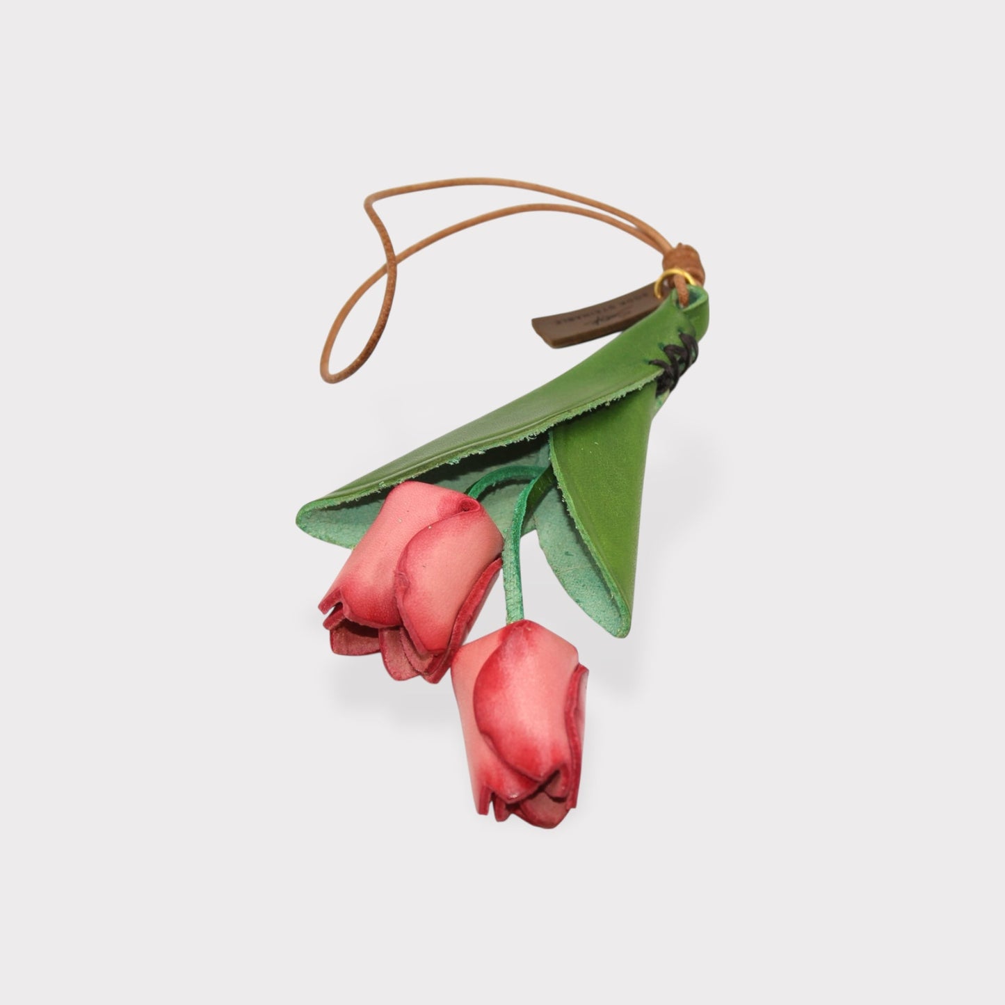 Tulip Bag Charm - Handmade Full-Grain Leather featuring pink leather tulip petals and green leather leaves with a leather loop attachment.
