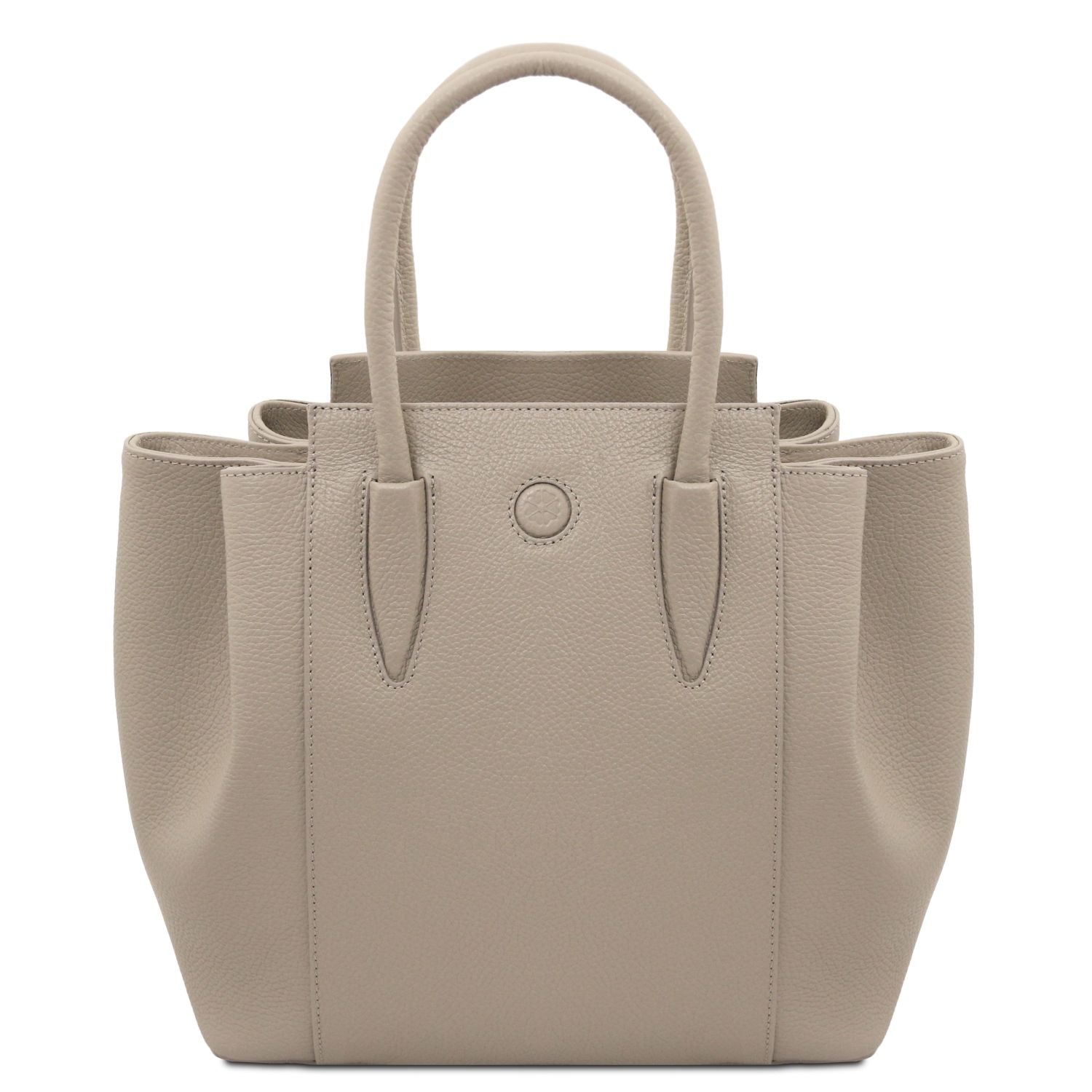 Taupe Tulipan Italian leather handbag with pebbled texture and two rounded top handles.