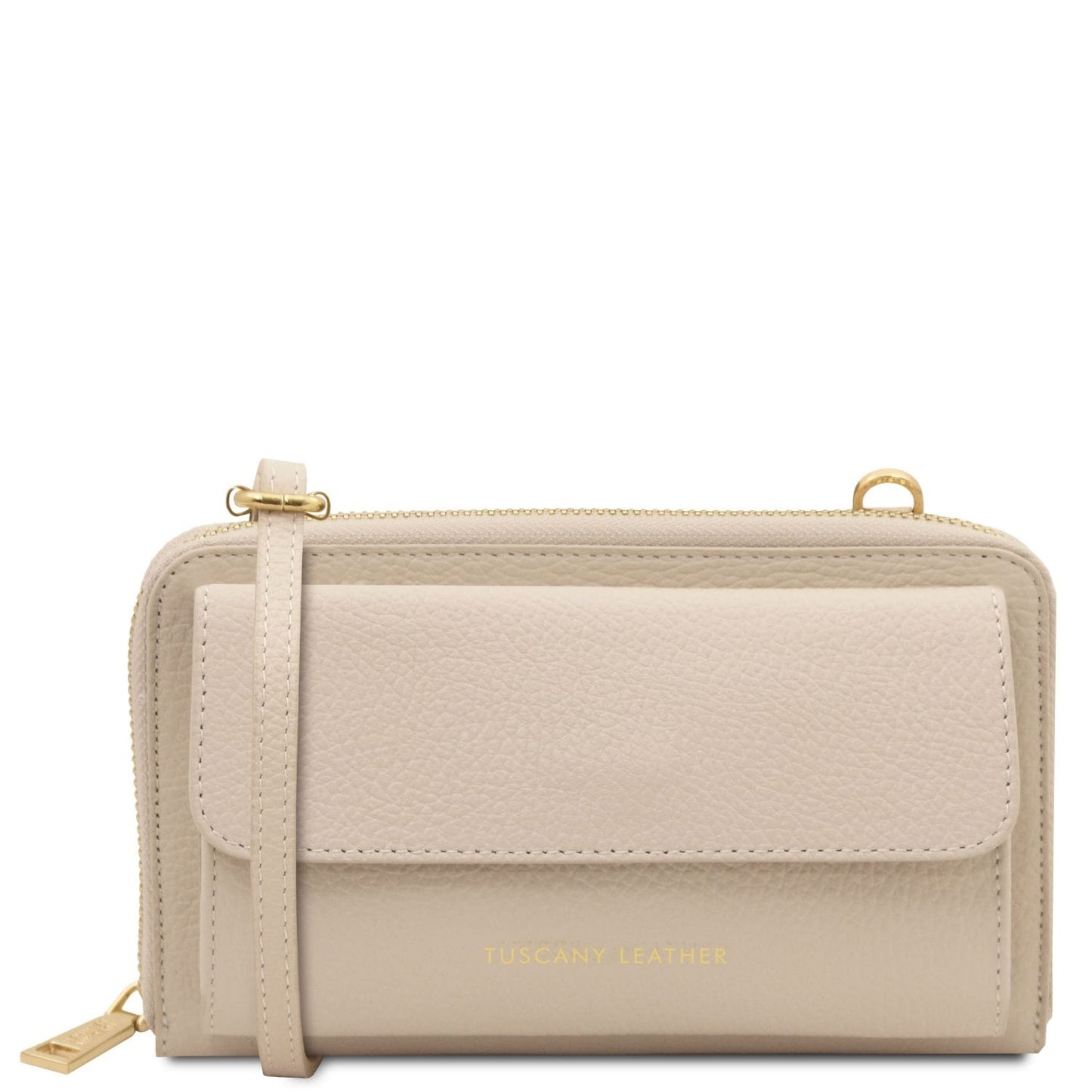 Beige leather phone wallet with strap and front flap pocket with gold Tuscany Leather logo