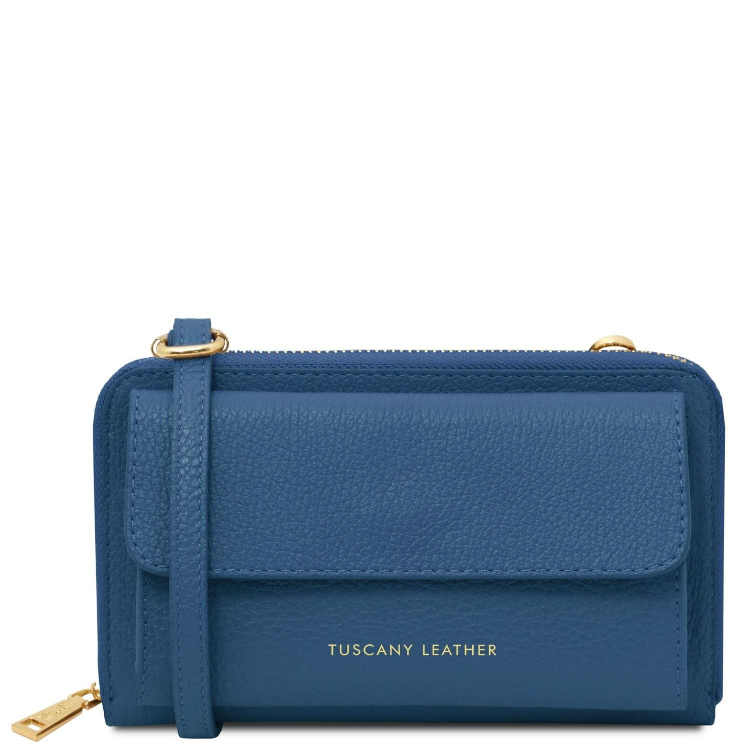 Denim blue leather wallet with strap on a white background, featuring 'Tuscany Leather' branding.