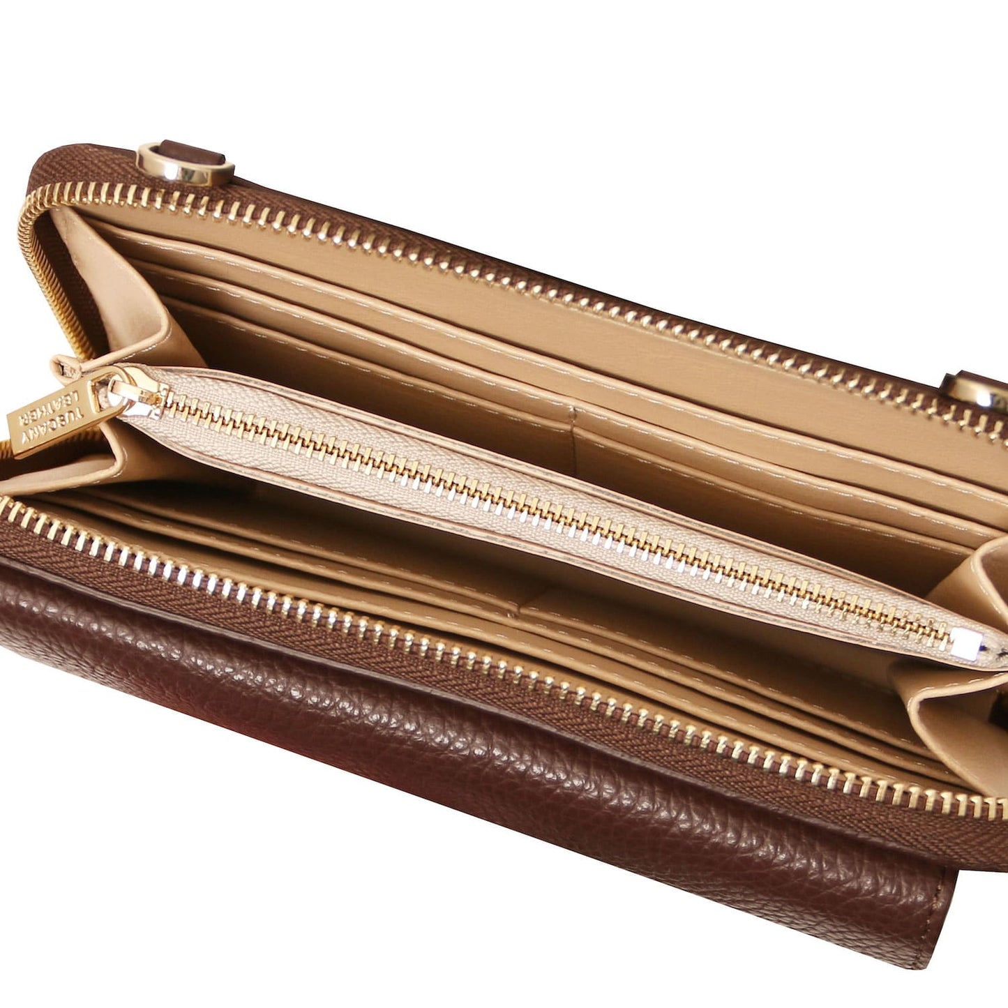 Urania - Leather phone wallet with strap | TL142433 in dark brown pebbled leather with multiple card slots and zippered compartment on white background