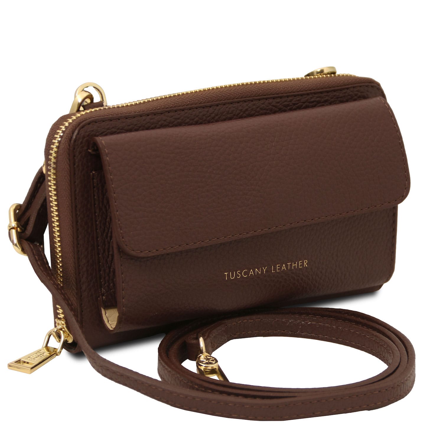 Urania - Leather phone wallet with strap | TL142433 in brown pebbled leather with front flap pocket and gold-tone zipper on white background