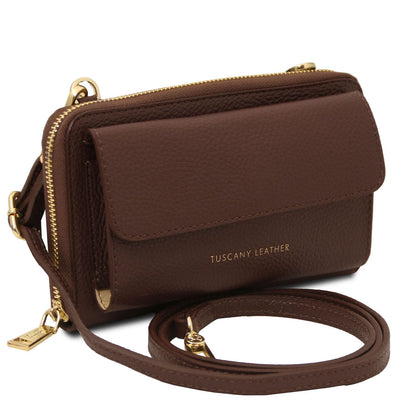 Urania - Leather phone wallet with strap | TL142433 in brown pebbled leather with front flap pocket and gold-tone zipper on white background