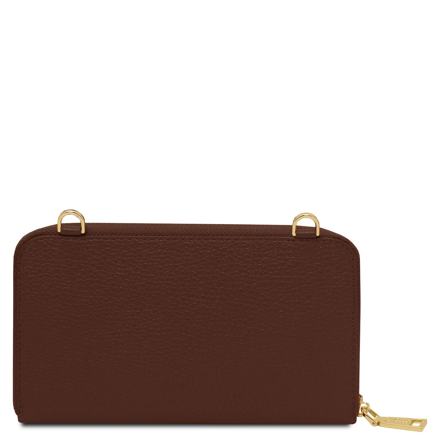 Urania - Leather phone wallet with strap | TL142433 in dark brown pebbled leather with gold hardware zipper pull on white background