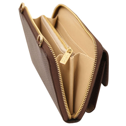 Urania - Leather phone wallet with strap | TL142433 in brown pebbled leather with beige interior and gold zipper detail on white background