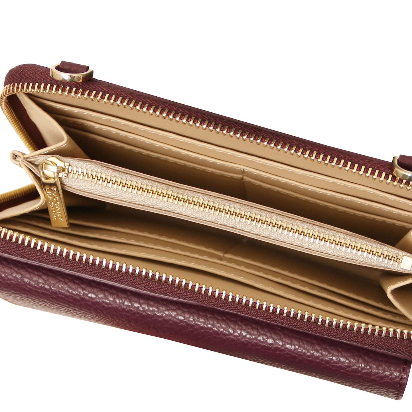 Urania - Leather phone wallet with strap | TL142433 in burgundy pebbled leather with gold zipper and multiple card slots on white background
