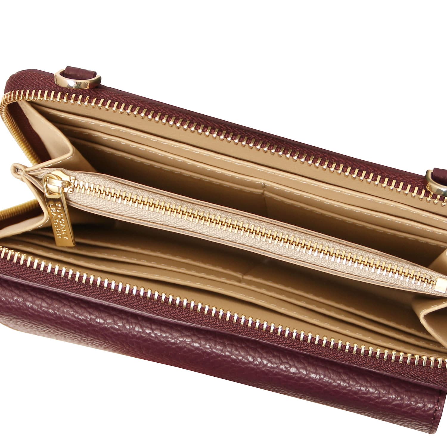 Urania - Leather phone wallet with strap | TL142433 in burgundy pebbled leather with gold zipper and multiple card slots on white background