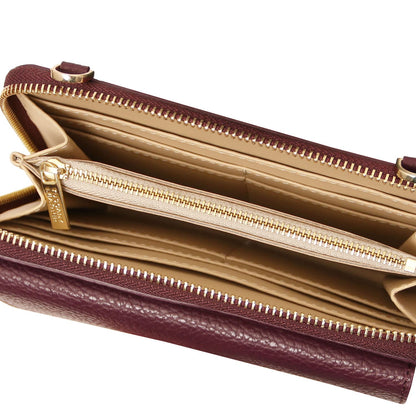 Urania - Leather phone wallet with strap | TL142433 in burgundy pebbled leather with gold zipper and multiple card slots on white background