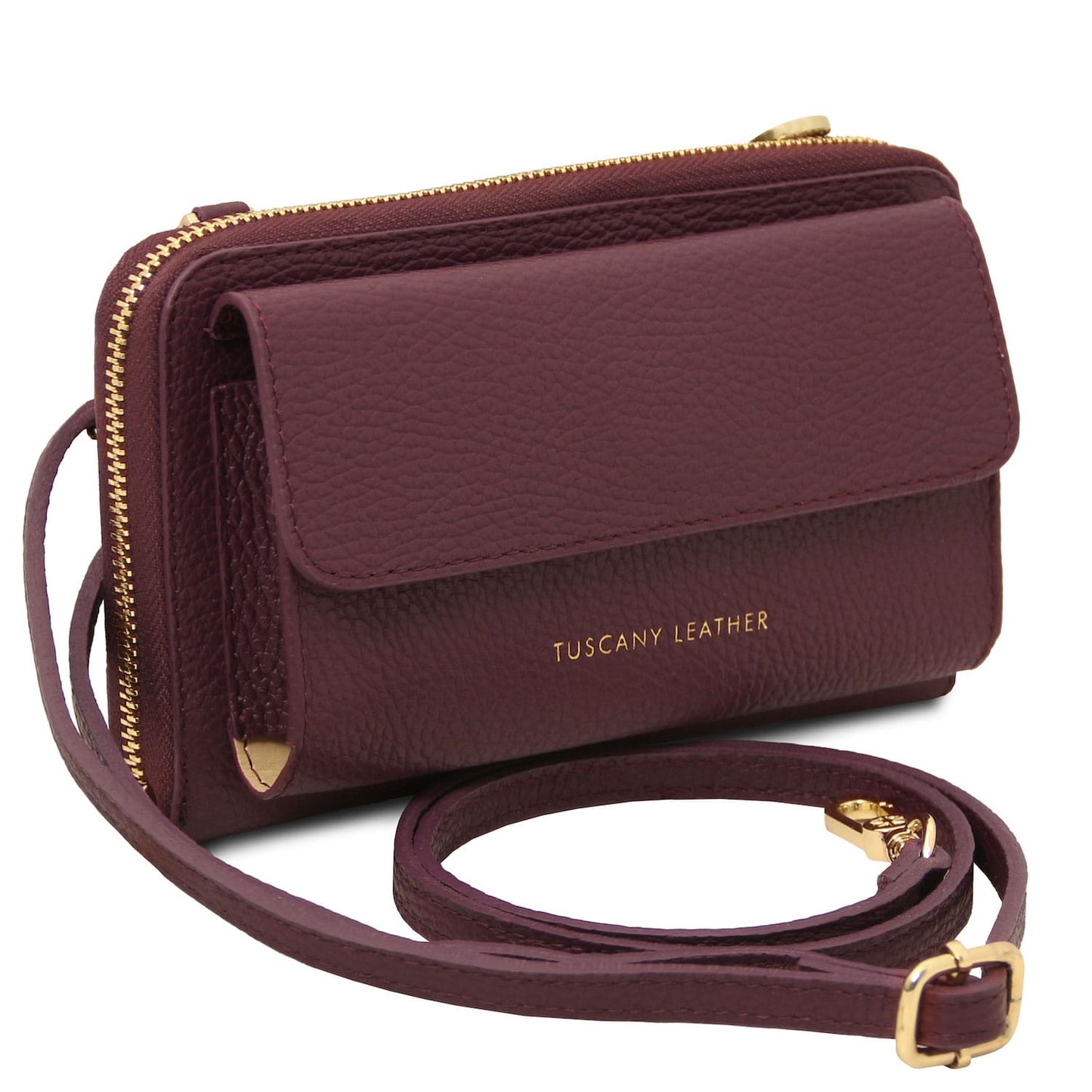 Urania - Leather phone wallet with strap | TL142433 in burgundy pebbled leather with gold-tone hardware and front flap pocket on white background.