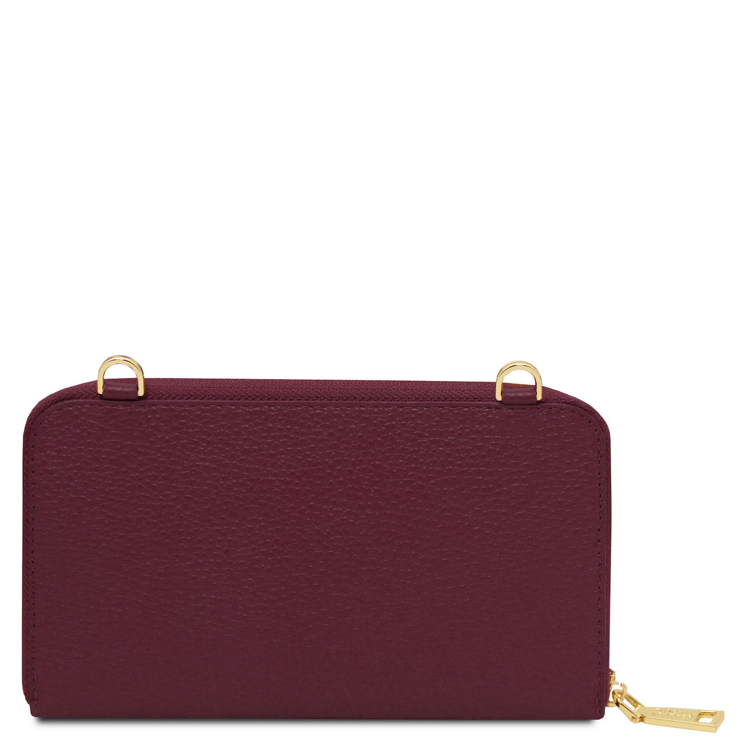 Urania - Leather phone wallet with strap | TL142433 in burgundy pebbled leather with gold hardware and zipper pull on white background