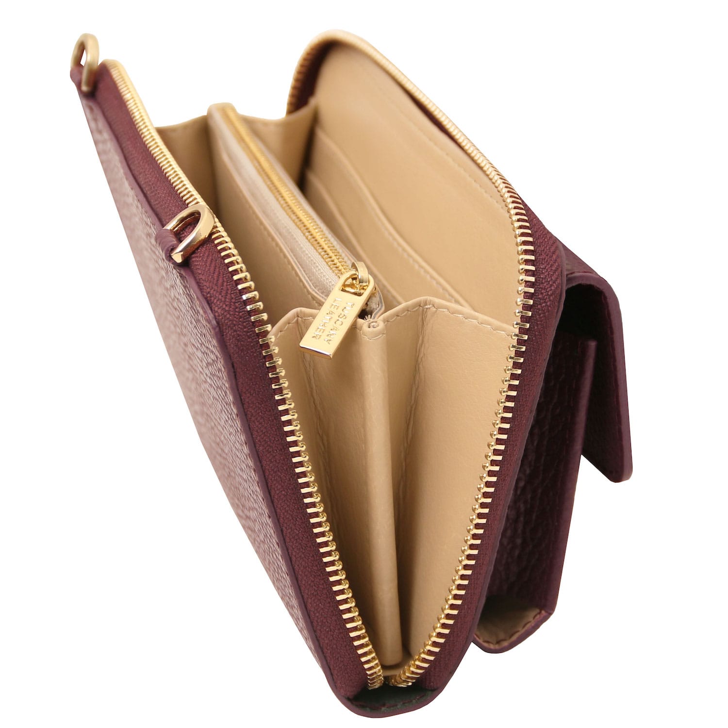 Urania - Leather phone wallet with strap | TL142433 in burgundy pebbled leather with gold zipper and multiple compartments on white background
