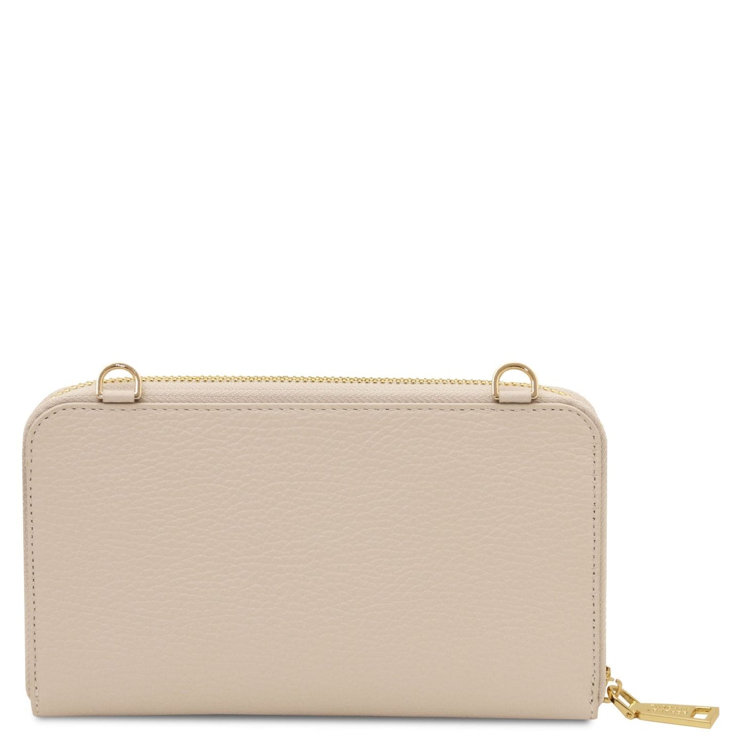 Back view of beige pebble leather phone wallet with strap and gold hardware