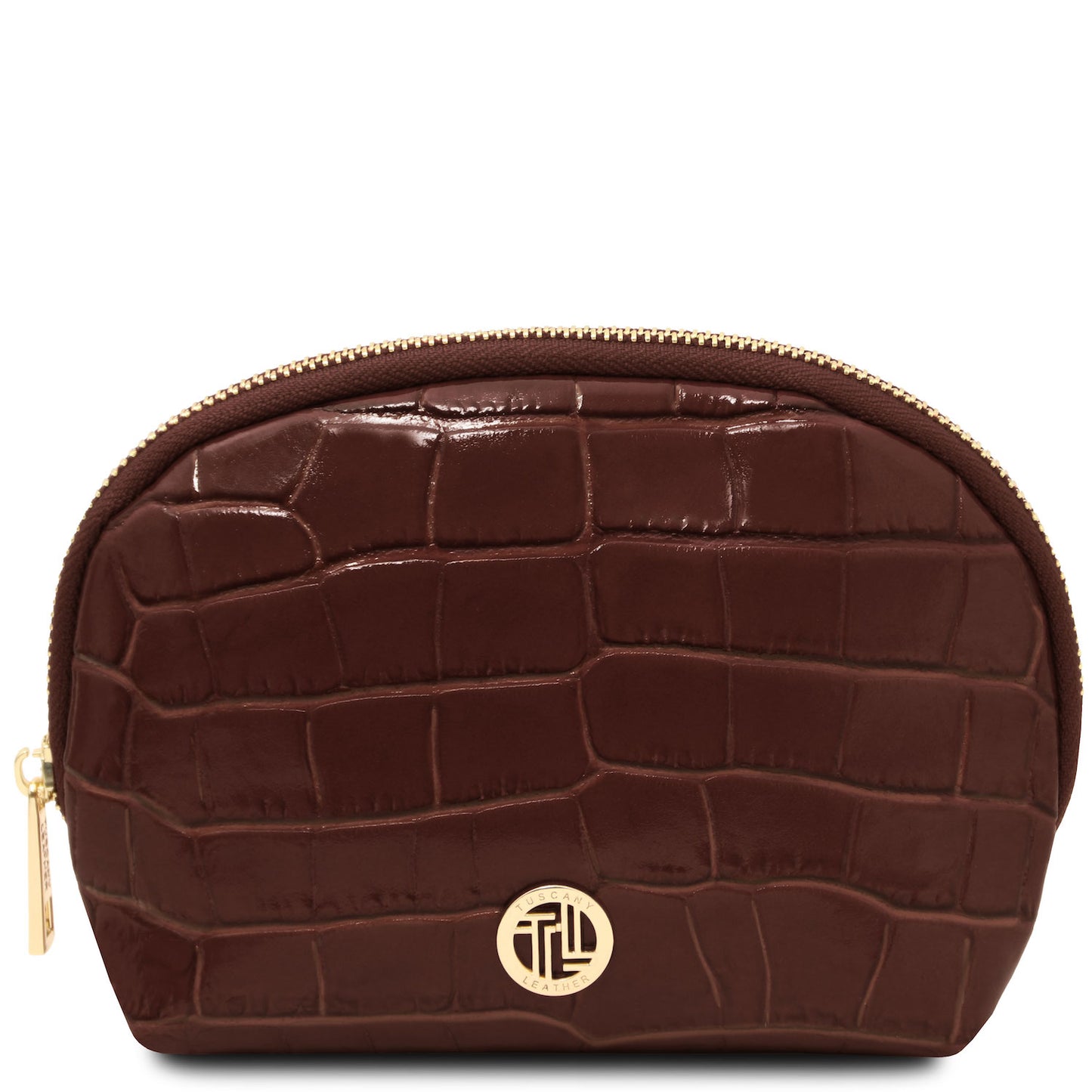Vera - Croc print leather toiletry case | TL142514 in dark brown embossed leather with ferragens douradas and zip closure sobre fundo branco