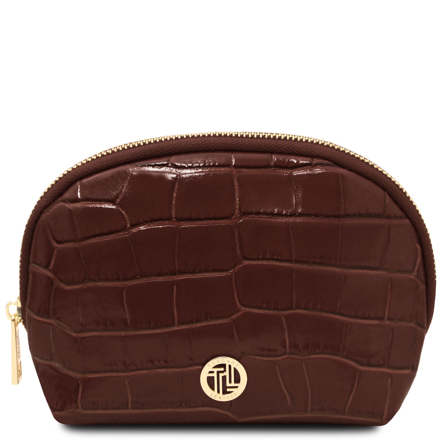Vera - Croc print leather toiletry case | TL142514 in dark brown embossed leather with ferragens douradas and zip closure sobre fundo branco