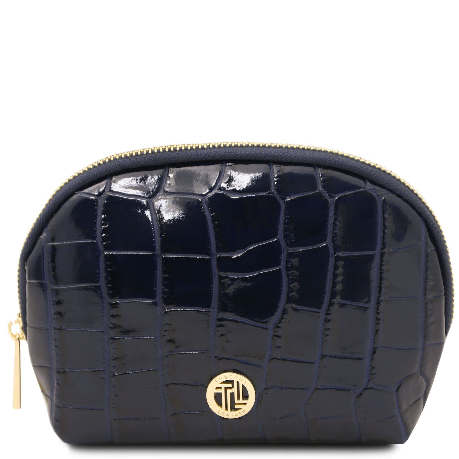 Vera - Croc print leather toiletry case | TL142514 in black embossed leather with ferragens douradas and zip closure sobre fundo branco